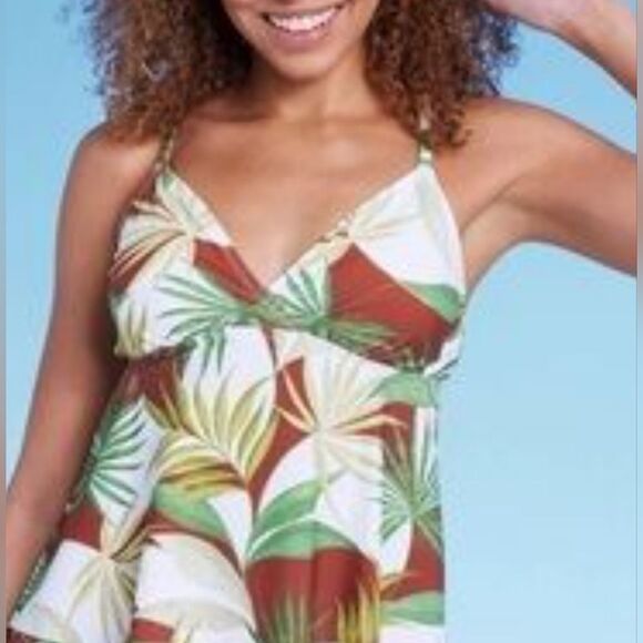 Shade & Shore L Cross Back Green Brown Leaf Print One Piece Women's Swim Top - Picture 1 of 13